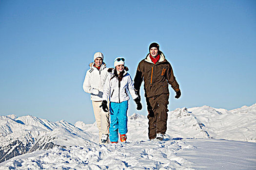 伴侣,女儿,滑雪,穿戴,走,雪中