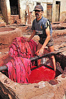 工作,站立,制革厂,桶,红色,涂绘,染色,皮革,区域,摩洛哥,非洲