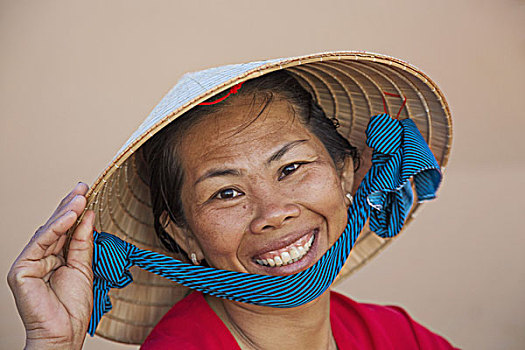 越南,美尼,海滩,女人,传统,帽子,微笑,风景,摄影,头像