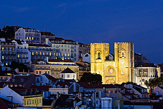 里斯本,大教堂,光亮,夜晚,阿尔法马区,葡萄牙