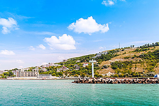 风景,沿岸城镇,海滨胜地,保加利亚,黑海,入口,港口,白色,灯塔