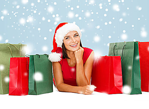 销售,礼物,圣诞节,圣诞,概念,微笑,女人,红色,衬衫,圣诞老人,帽子,购物袋