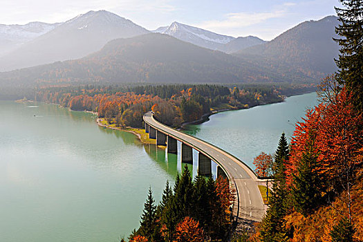 桥,水库,秋天,伊萨河,上巴伐利亚,德国,欧洲