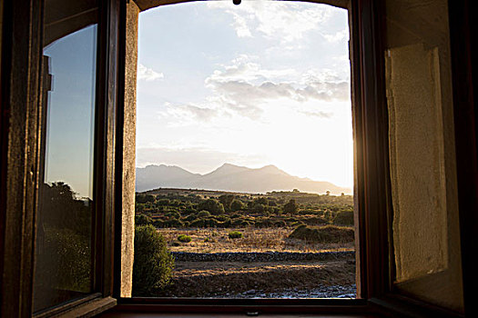 打开,窗户,风景,乡村风光,黄昏,科西嘉岛,法国