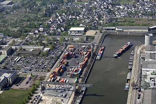 货柜船,离开,莱茵河,港口,科布伦茨,莱茵兰普法尔茨州,德国