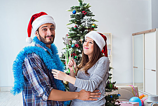 年轻家庭,装饰,圣诞树,高兴
