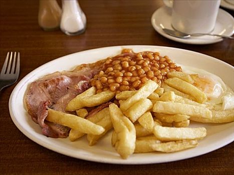 英国,早餐,熏肉,蛋,锔豆,薯条