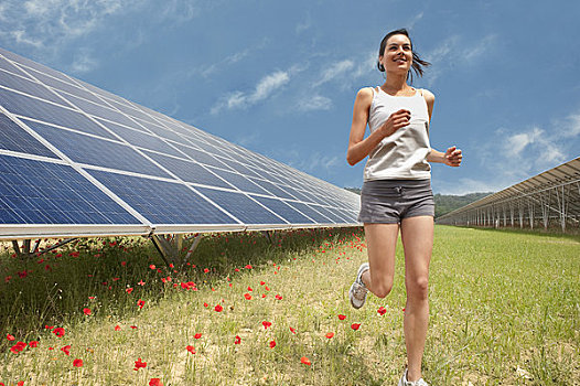 女人,慢跑,太阳能电池板