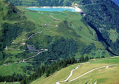 法国,道路,山,一个,蓝湖