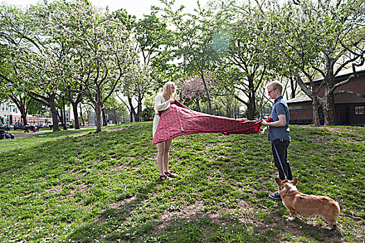 年轻,情侣,抖动,野餐毯,公园
