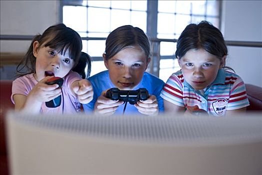 三个,小,女孩,玩,电子游戏