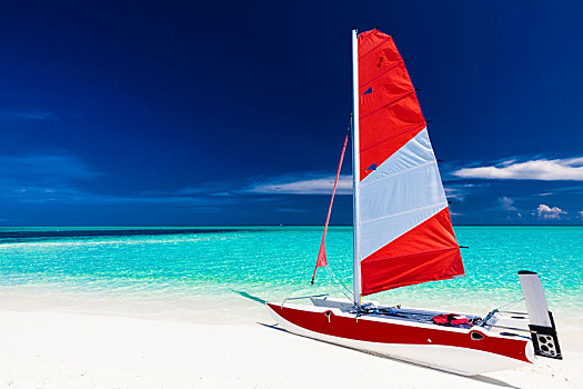 帆船,红色,帆,海滩,荒芜,热带海岛,深海
