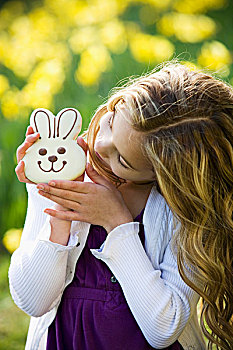 女孩,拿着,巧克力兔,穿,兔子,耳