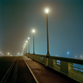 桥,夜晚,雾,街道,人行道,伦敦,英国