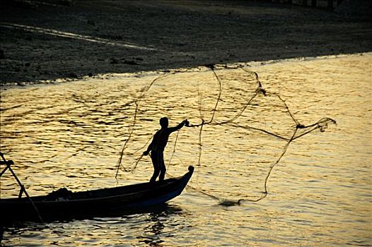 剪影,捕鱼者,网,仰光,河,缅甸