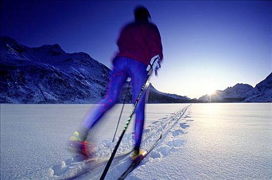 越野滑雪,女性,冰湖,格劳宾登州,瑞士,欧洲