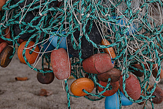 特写,缠结,渔网,浮漂,海滩,哥伦比亚