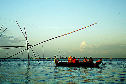 村民,享受,骑,船,河,孟加拉,八月,2007年