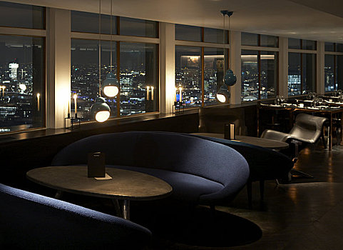 中心,伦敦,2008年,休息区,餐馆,夜晚,天际线,上方