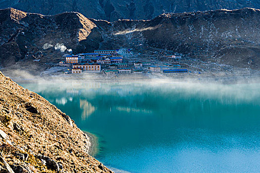 晨雾,上方,湖,乡村,日出,单独,昆布,尼泊尔,亚洲