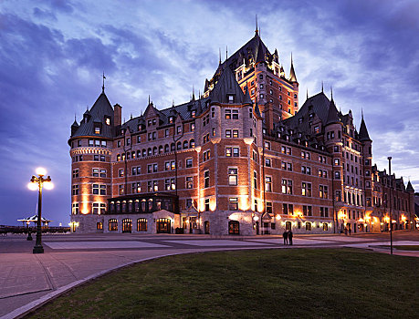 费尔蒙特,夫隆特纳克城堡,黄昏,奢华,大酒店,魁北克老城,城市,魁北克,加拿大,北美