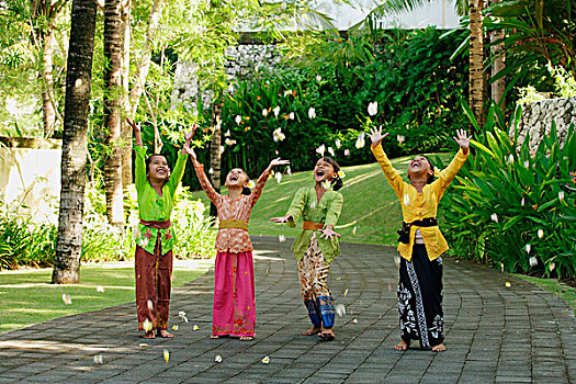 巴厘岛,女孩,笑,投掷,花