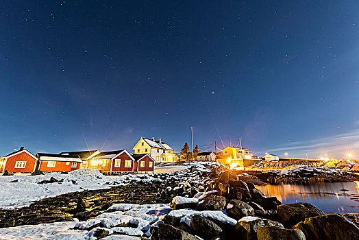 小,渔村,冬天,夜晚,莫斯克内斯,诺尔兰郡,罗浮敦群岛,挪威,欧洲