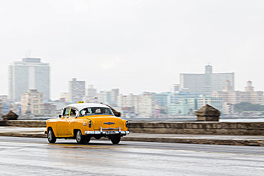 黄色,汽车,湿,马雷贡,公路,哈瓦那
