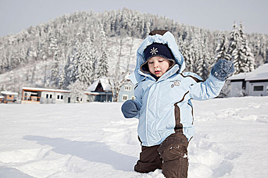 小男孩,奋力,走,大雪