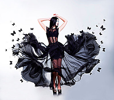 情色,女人,黑色,摆动,连衣裙,蝴蝶
