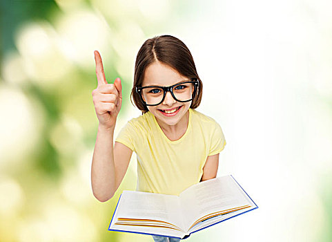 教育,学校,概念,微笑,小,学生,女孩,眼镜,书本,手指,向上