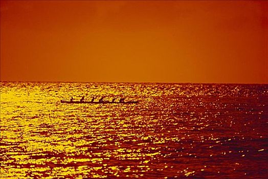 夏威夷,剪影,舷外支架,独木舟,金色,日落
