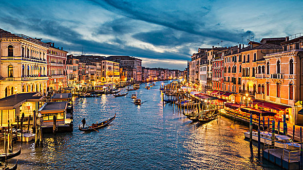 大运河,夜晚,小船,威尼斯,意大利