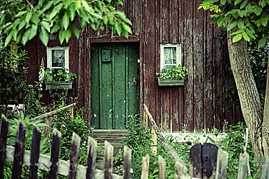 老,房子,绿色,门