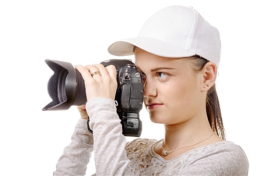 年轻,摄影师,女人,白人,帽