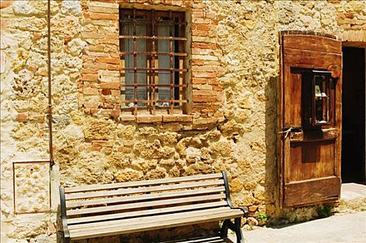 空,长椅,正面,墙壁,蒙特利格奥尼,锡耶纳省,托斯卡纳,意大利