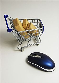 网上购物,购物车,包裹,站立,靠近,电脑鼠标