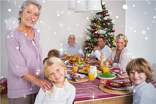 合成效果,图像,祖母,孙女,站立,旁侧,餐桌