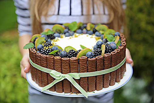 生日蛋糕,泡沫奶油,黑莓,猕猴桃