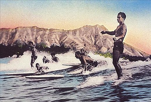 20年代,夏威夷,瓦胡岛,檀香山,照片,冲浪,怀基基海滩,钻石海岬,手绘