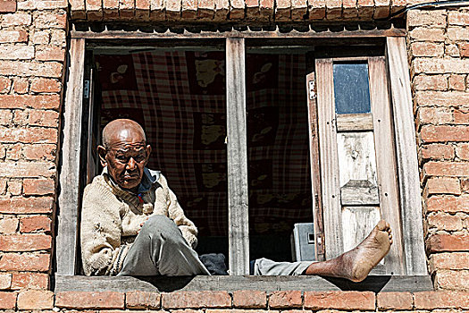 尼泊尔人,男人,坐,窗户,尼泊尔,亚洲