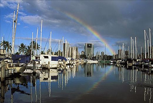 夏威夷,瓦胡岛,怀基基海滩,游艇,港口,彩虹