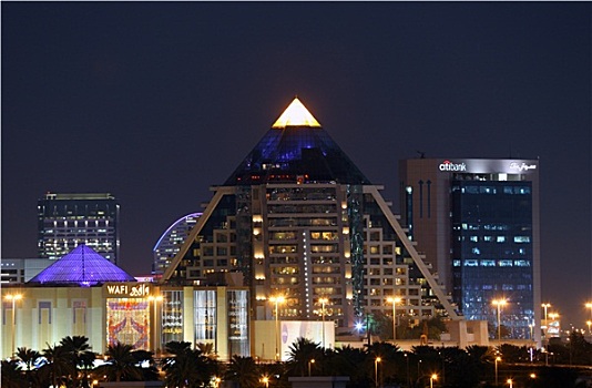 金字塔,形状,商场,迪拜,光亮,夜晚