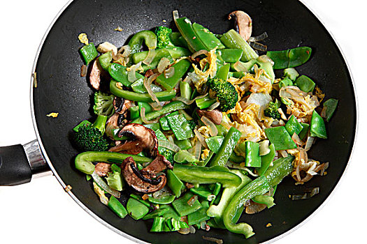素食主义,炒食,洋葱,蘑菇,花椰菜,白菜,嫩豌豆,绿色,椒,烹调,锅
