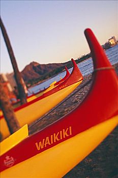 夏威夷,怀基基海滩,特写,舷外支架,独木舟,海滩,钻石海岬,背景