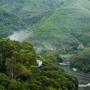 景色,深,峡谷,河,房子