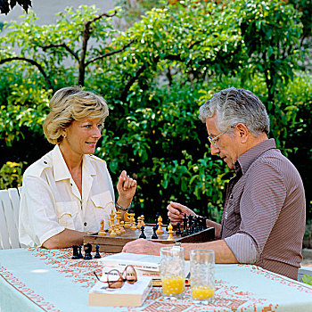 夫妻,玩,下棋,花园