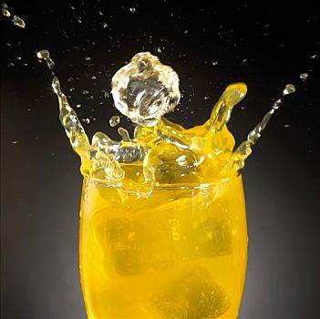 冰块,落下,玻璃杯,桃色,果汁