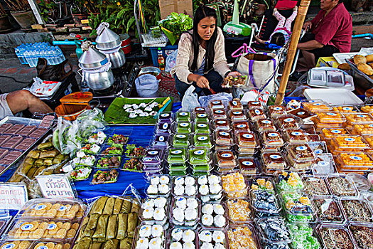 泰国,清迈,步行街,星期日,市场,货摊,销售,传统,甜点