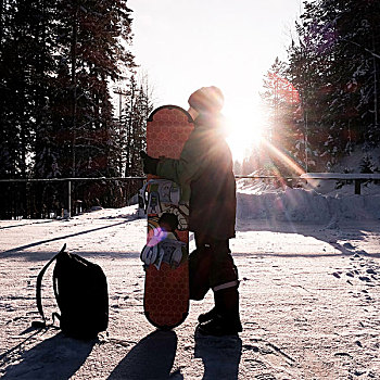 男孩,积雪,风景,拿着,滑雪板
